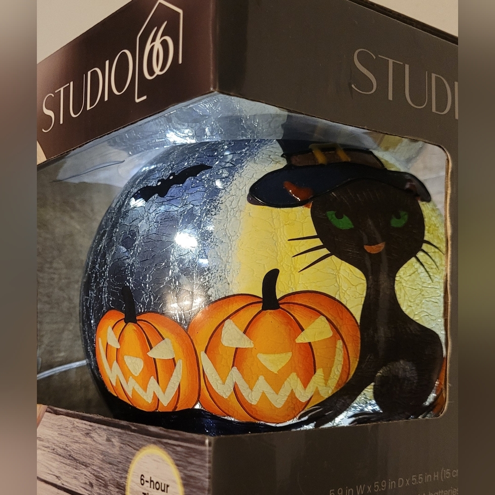 Studio 66 Cats Meow Halloween Glass Globe Orb Light with Black Cat and Pumpkins